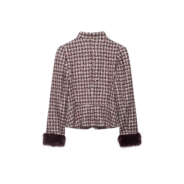 Damen Kurz geschnittene Bouclé‑Tweedjacke mit Stehkragen und Kunstfellmanschetten Drune