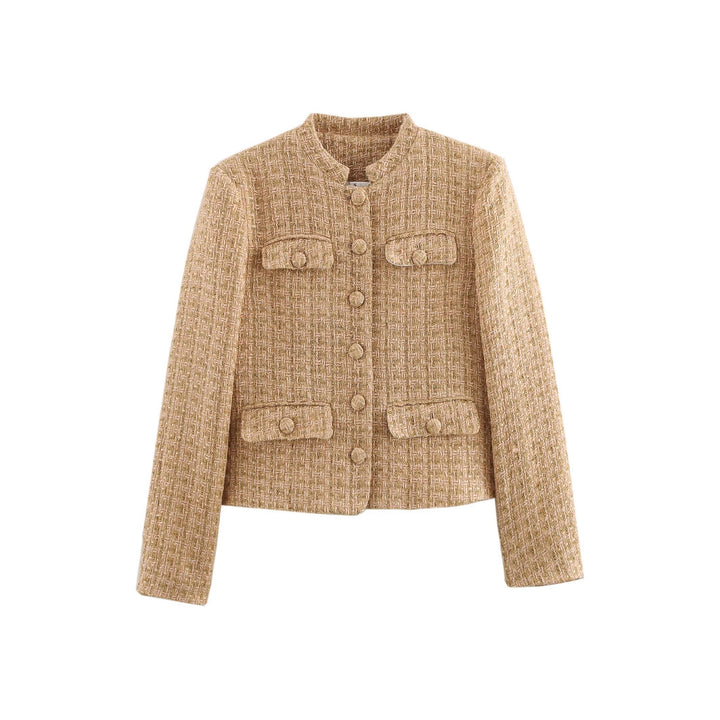 Damen elegante Bouclejacke mit goldenen Knöpfen und aufgesetzten Taschen Drune