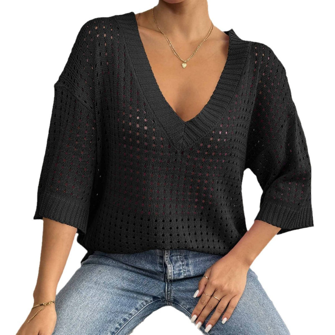 Damen luftiger Strickpullover mit V-Ausschnitt und dekorativem Lochmuster Drune