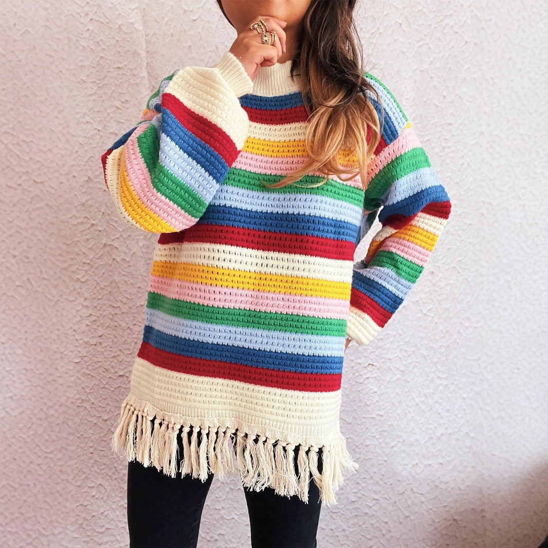 Damen entzückender Pullover mit Fransen und buntem Streifenmuster Drune