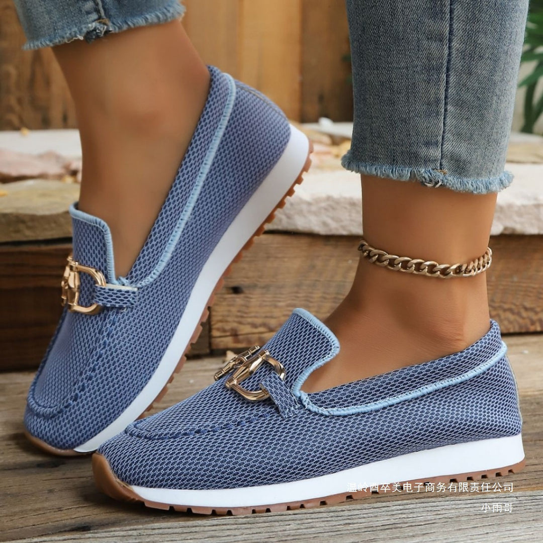 Damen Atmungsaktive Mesh-Slipper-Loafer mit goldfarbener Schnallendekor und leichter Gummisohle Drune