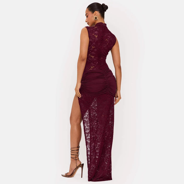 Damen Elegantes Spitzenkleid mit tiefem V-Ausschnitt und drapiertem Saum Drune