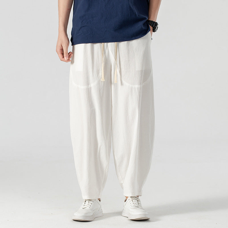 Herren Lässige Leinen-Baumwoll-Hose mit weitem Bein, Kordelzug und aufgesetzten Taschen Drune