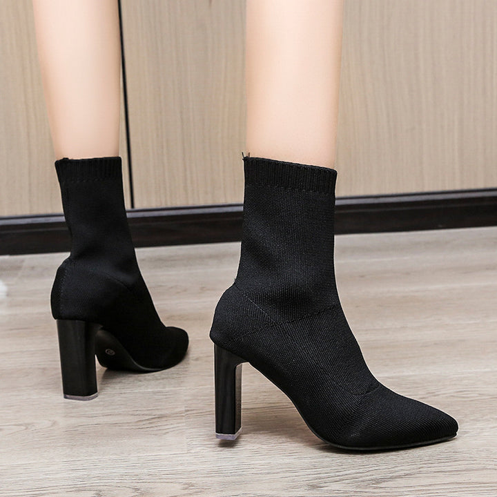 Damen nan gestrickte Sock-Ankleboot mit spitzer Zehenpartie und skulpturellem Blockabsatz Drune