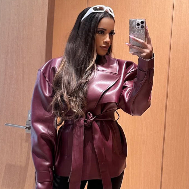 Damen Taillierter Lederimitat-Blouson mit Bindegürtel und voluminöser Schulterpartie Drune