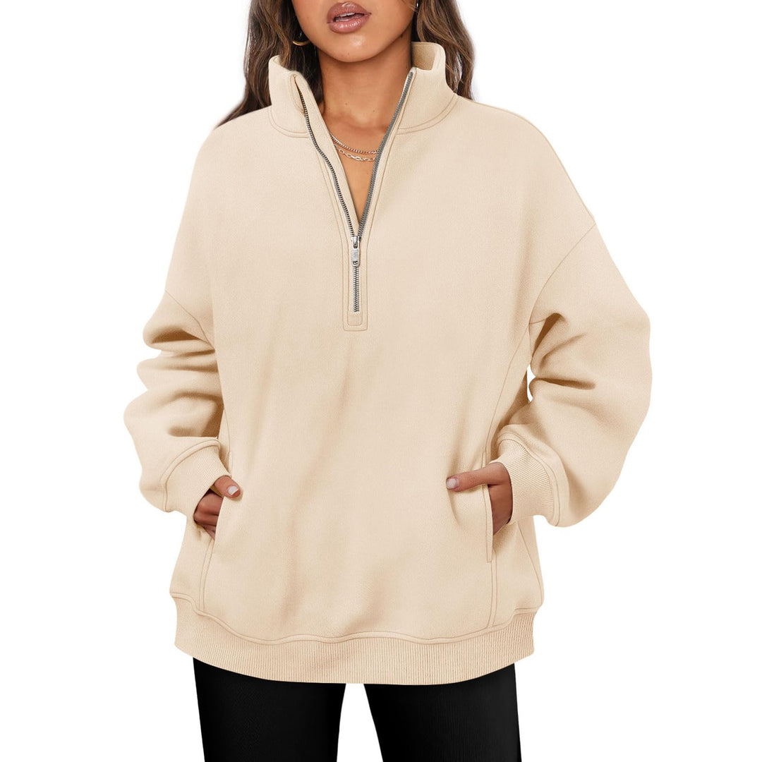 Damen nan oversized Halbzip-Pullover mit Stehkragen, Kängurutasche und Rippbündchen Drune