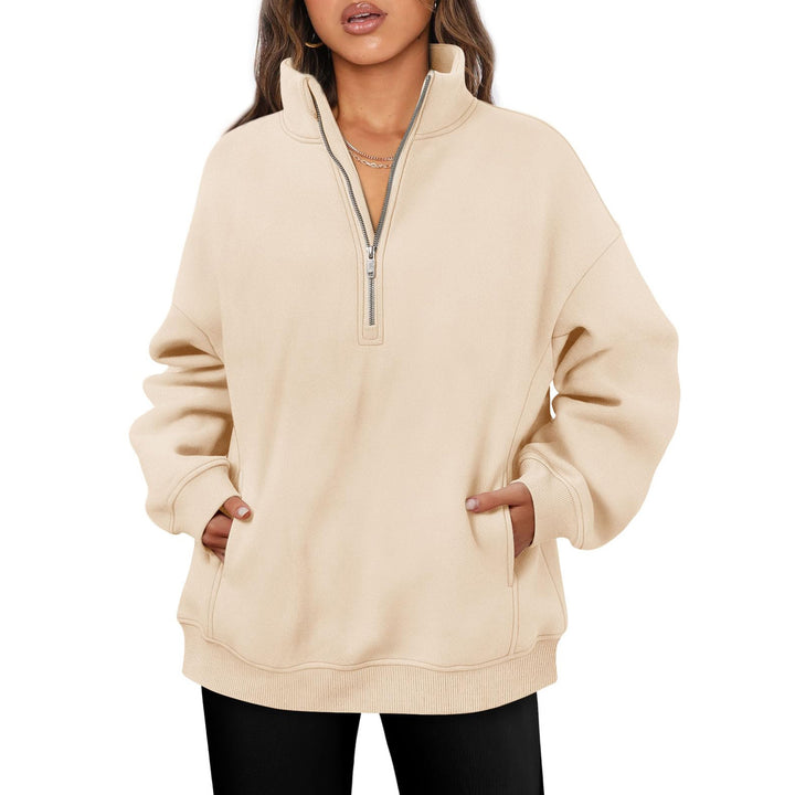 Damen nan oversized Halbzip-Pullover mit Stehkragen, Kängurutasche und Rippbündchen Drune