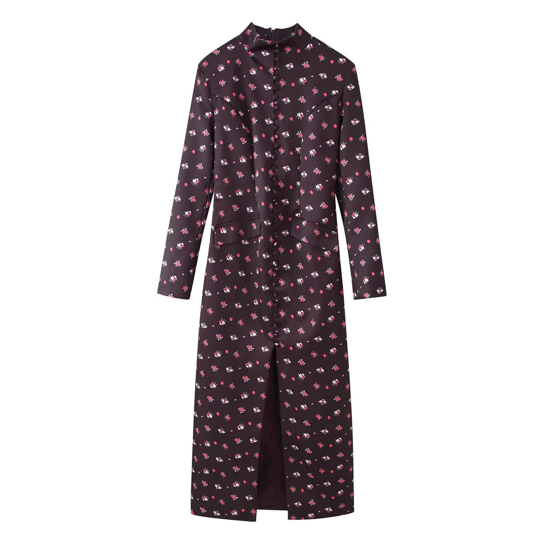Damen Langärmliges Maxikleid mit Stehkragen, durchgehender Knopfleiste und floralem Alloverprint Drune