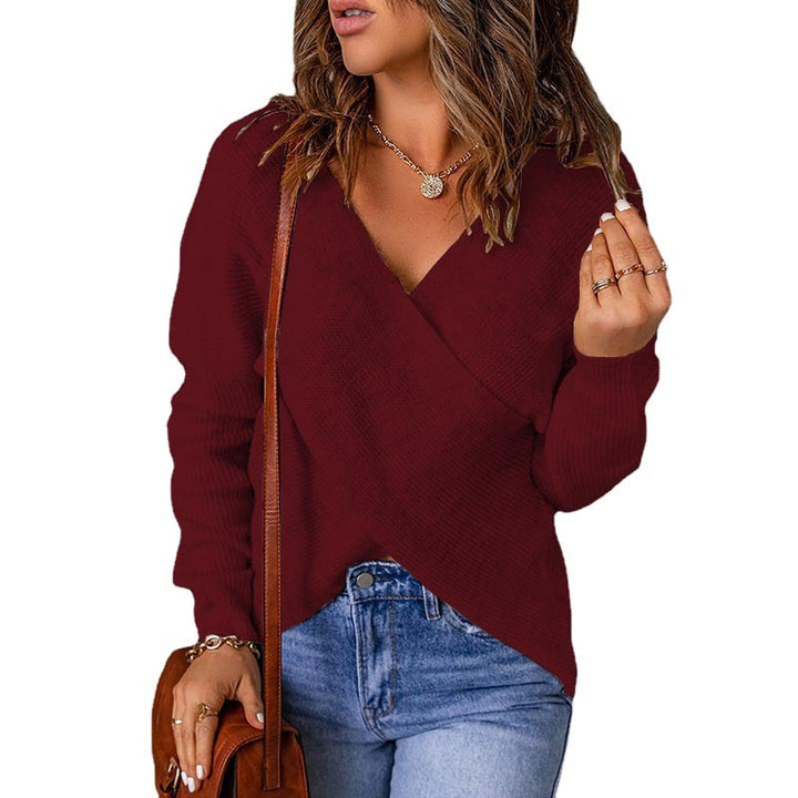 Damen lässiger Wickel-Pullover mit tiefem V-Ausschnitt und strukturiertem Gewebe Drune