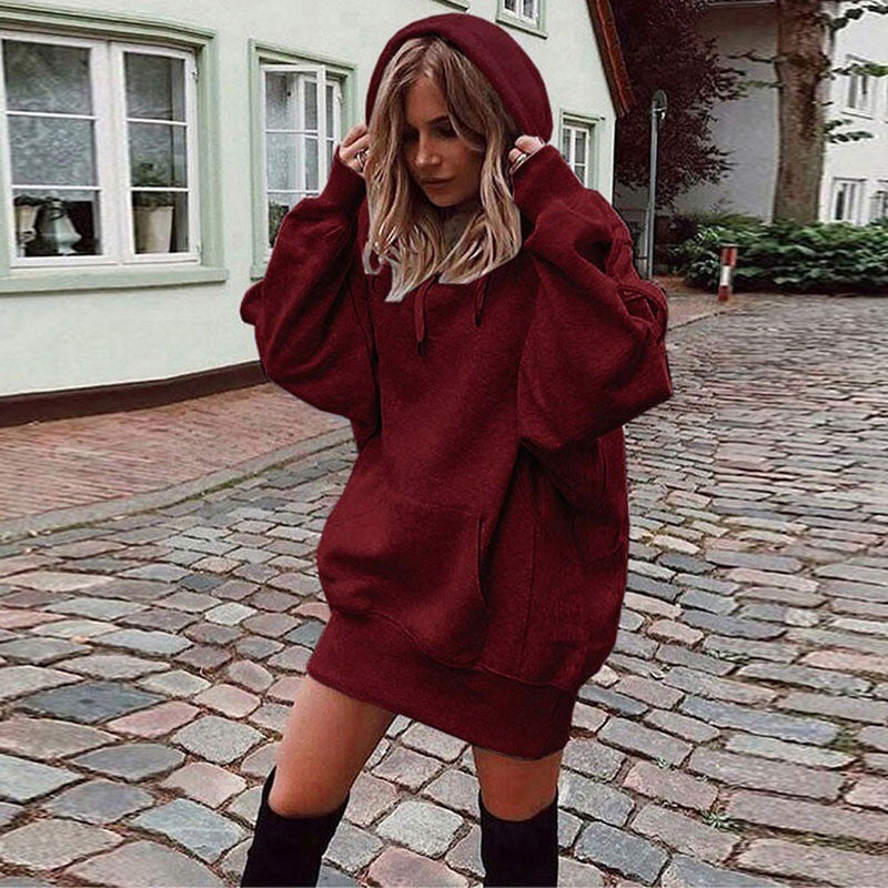 Damen Oversize Kapuzenkleid mit Kängurutasche Drune