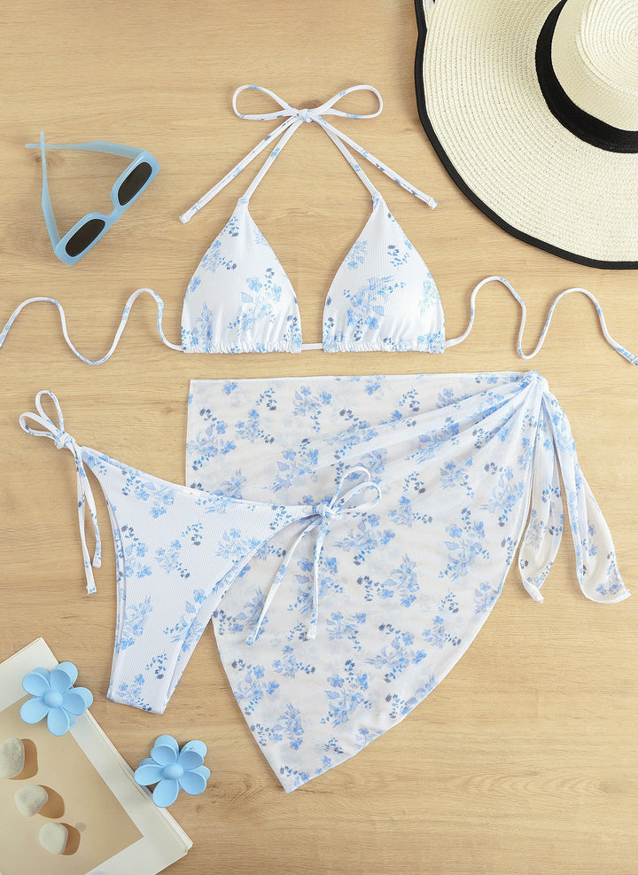 Damen Triangel-Bikini mit floralem Muster und zartem Cover-Up Drune