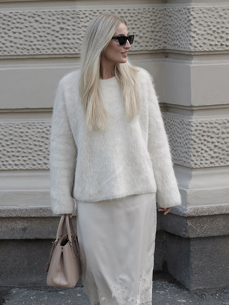Damen Kuscheliger Mohair‑Optik Pullover mit Rundhalsausschnitt und legerer Silhouette Drune