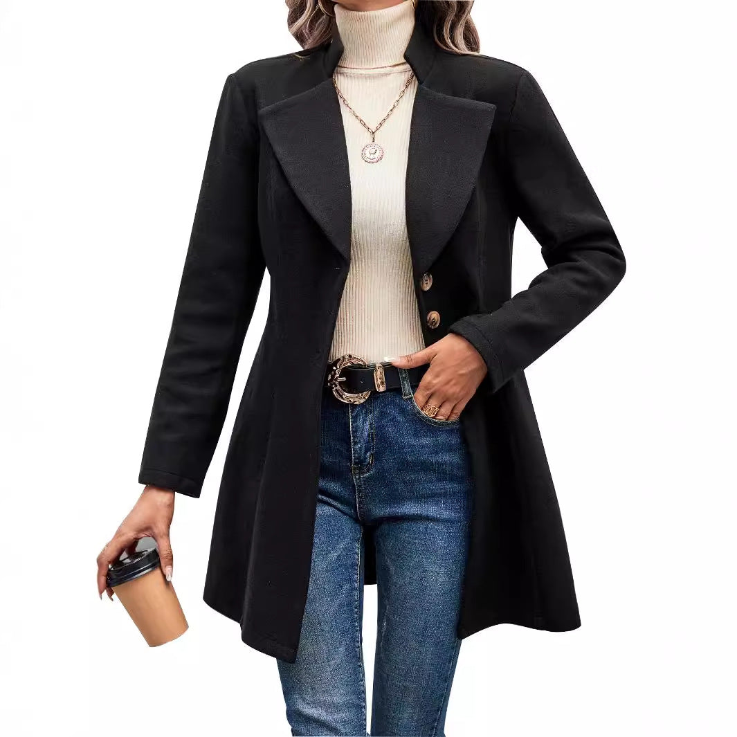 Damen eleganter Wintermantel mit asymmetrischem Schnitt und hohem Kragen Drune