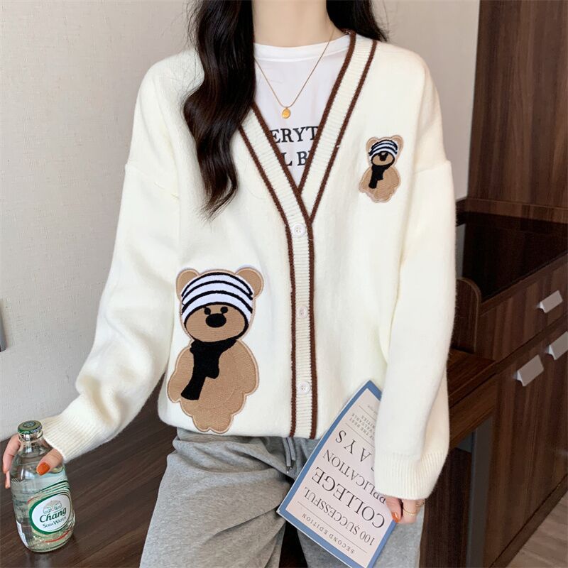 Damen Strickjacke mit Bärenapplikationen und Kontrastdetails Drune