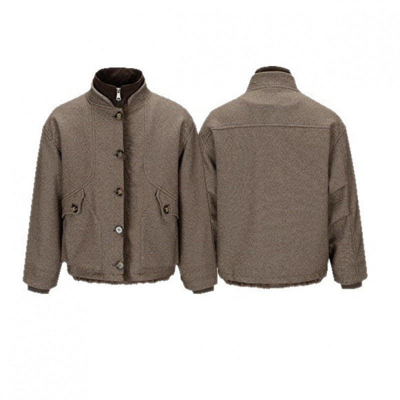 Damen Kurze Boxy-Jacke mit Teddyfutter, Stehkragen und Pattentaschen Drune