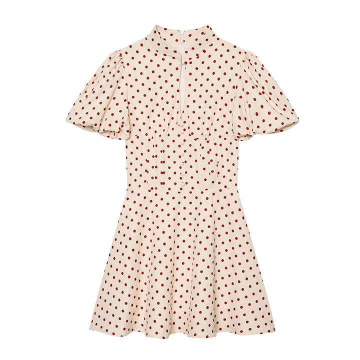 Damen Gepunktetes A‑Linien‑Kleid mit Stehkragen, Taillierung und Ballonärmeln Drune