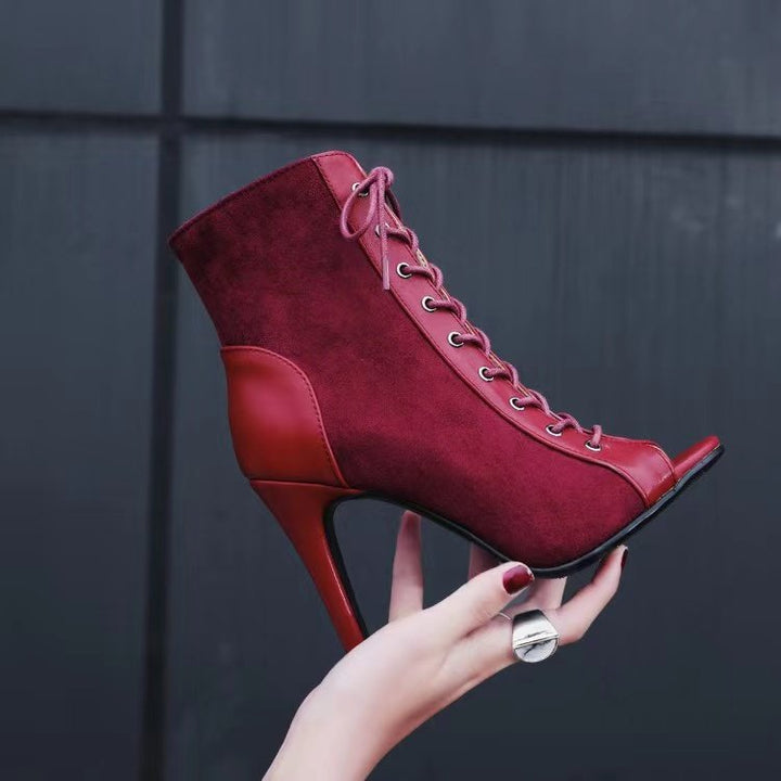 Damen Offene-Zehen Schnürstiefelette mit Wildleder-Optik und Stiletto-Absatz Drune