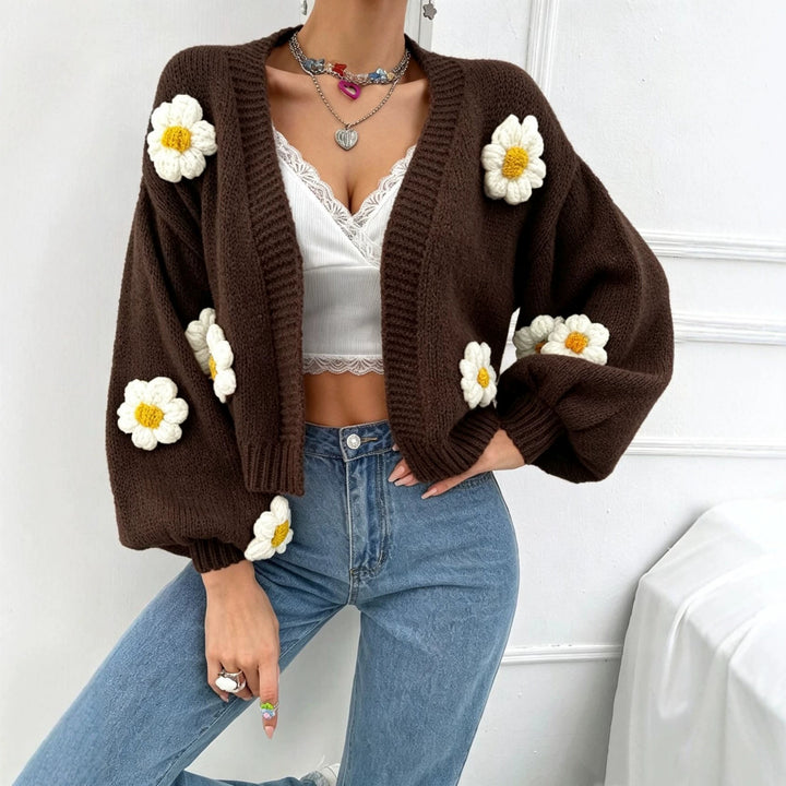 Damen Kurzgeschnittener Grobstrick-Cardigan mit 3D-Blütenapplikationen Drune