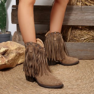 Damen Western‑Fransenstiefeletten aus Veloursoptik mit mittelhohem Blockabsatz und Nietenbesatz Drune