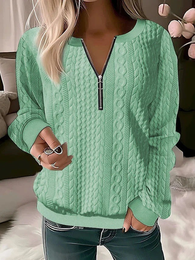 Damen Strukturierte Zopfmuster Sweatshirt mit Halbreißverschluss und Rippbündchen Drune