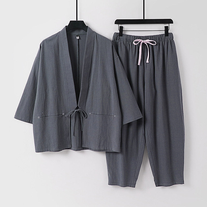 Unisex Kimono-Lounge-Set mit Kurzjacke und elastischer Kordelhose Drune