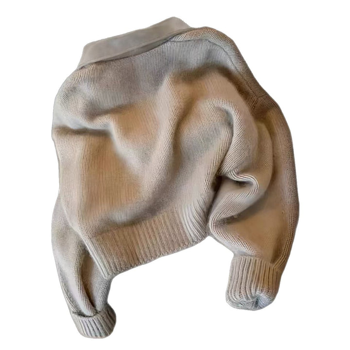 Damen nan kurz geschnittener Strickblouson mit Kunstlederkragen und goldfarbenem Metallreißverschluss Drune