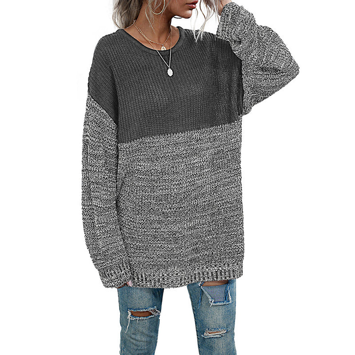 Damen Oversize-Strickpullover im Melange-Blockdesign mit Rundhalsausschnitt & verlängertem Saum Drune