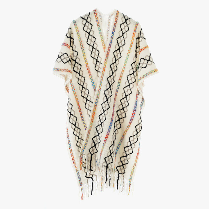 Damen Gewebter Fransenponcho mit V‑Ausschnitt und buntem Reliefjacquard Drune