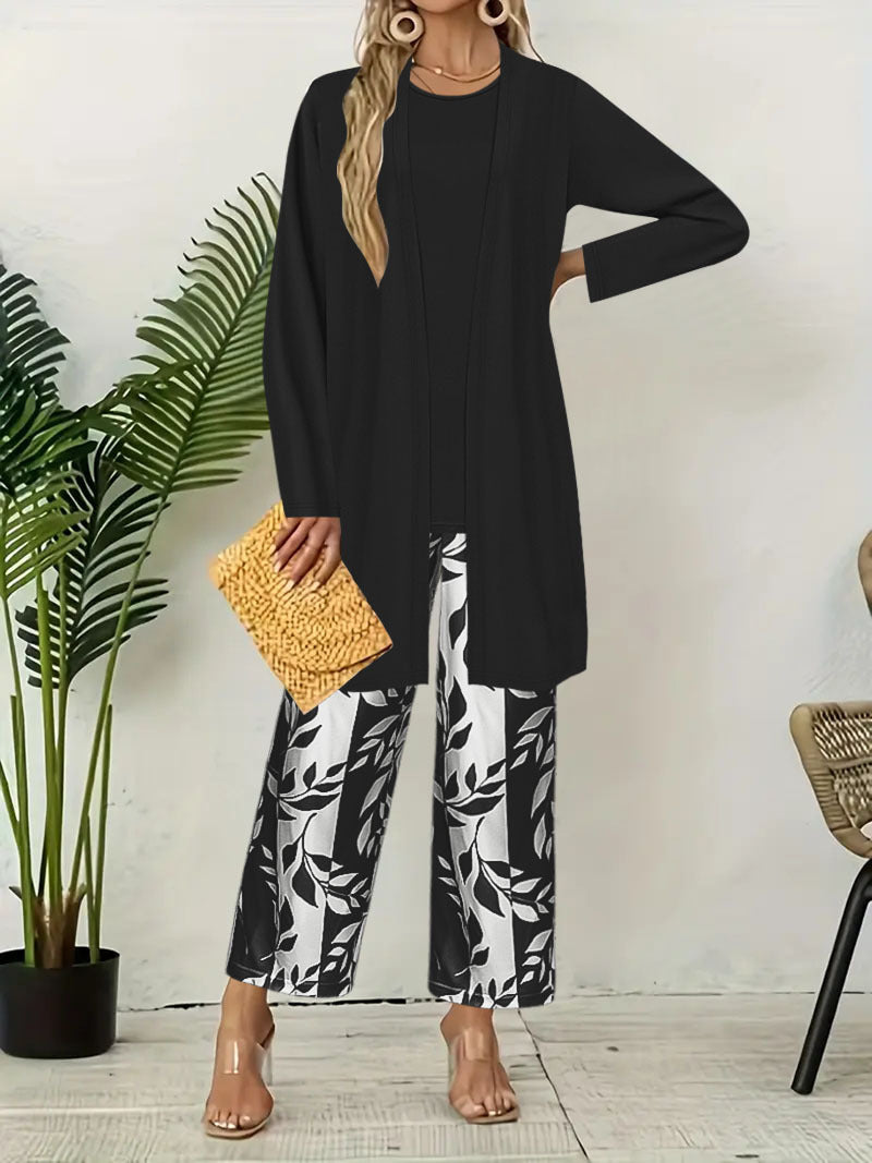 Damen Lang geschnittener offener Feinstrick-Cardigan mit geradem Saum und Palazzo-Hose im Blattprint Set Drune