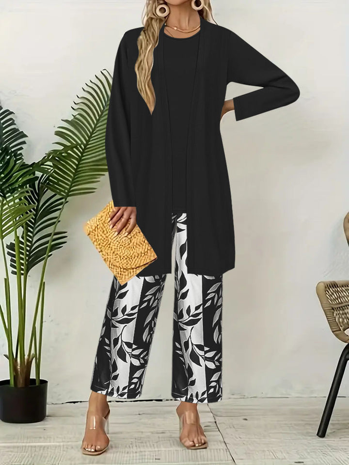 Damen Lang geschnittener offener Feinstrick-Cardigan mit geradem Saum und Palazzo-Hose im Blattprint Set Drune