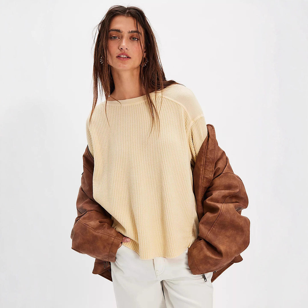 Damen Oversized Waffelstrick-Pullover mit weitem Schnitt und tiefem Raglan Drune