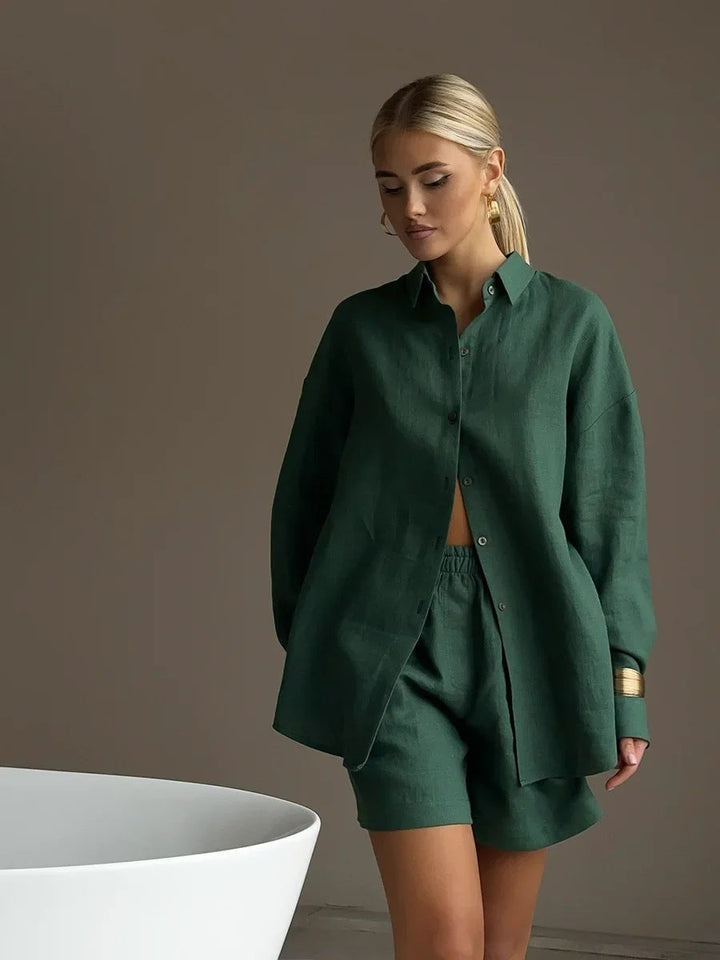 Damen lässiges Leinen Set mit lockerer Bluse und Shorts Drune