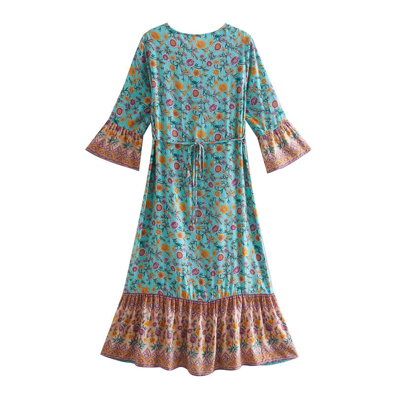 Damen Boho-Maxikleid mit V-Ausschnitt, taillierten Abnähern und Volantärmeln Drune