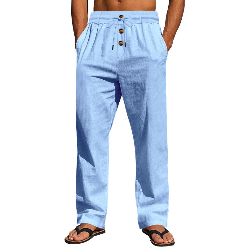 Herren Bequeme Leinenhose mit elastischem Bund und Knopfdetails Drune