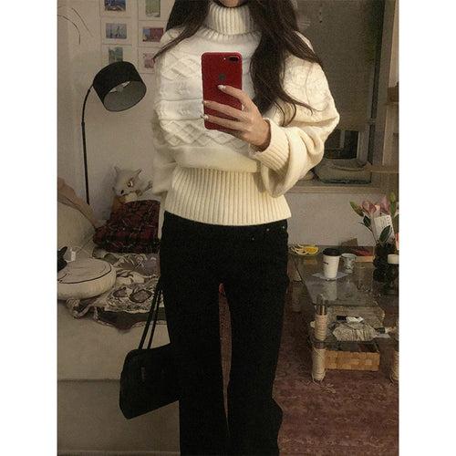 Damen Oversized Strickpullover mit hohem Kragen und strukturiertem Design Drune