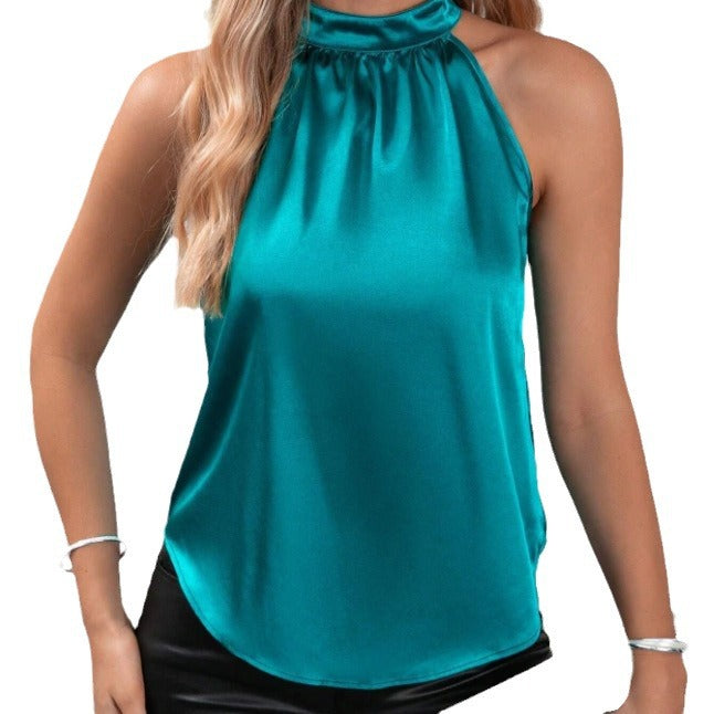 Damen Elegantes Satin Top mit hochgeschlossenem Kragen Drune