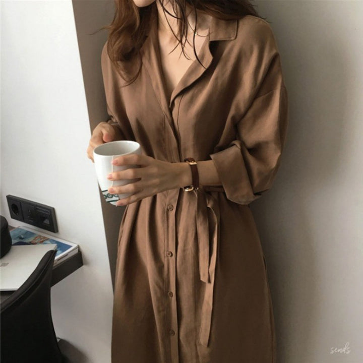 Damen Hemdblusenkleid mit Bindegürtel und lässigen Dreiviertelärmeln Drune
