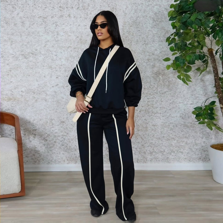 Damen sportliches Hoodie- und weitbein-Set mit eleganten Streifen Drune