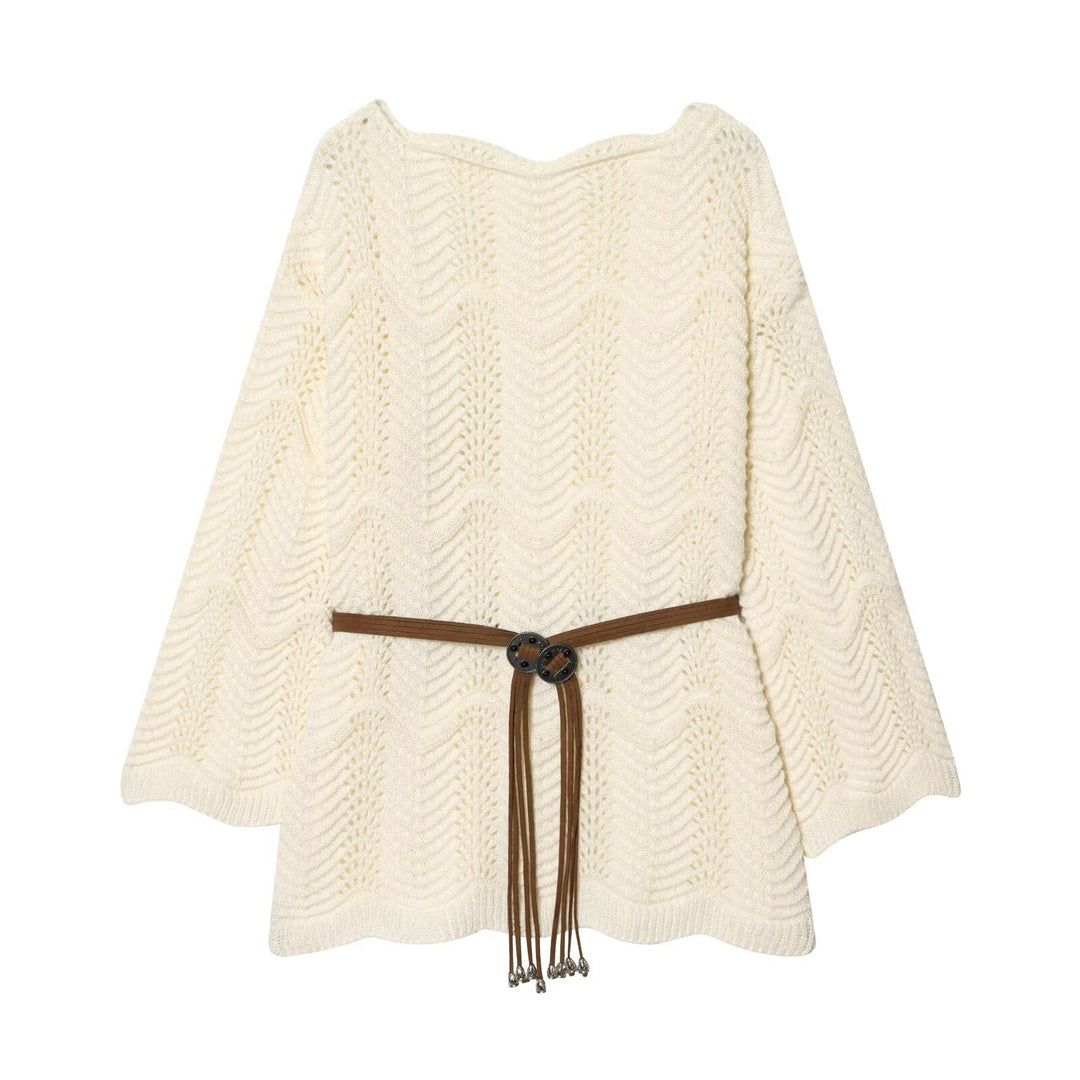 Damen Gestricktes Poncho-Cape mit Ajourmuster und Lederquasten-Gürtel Drune