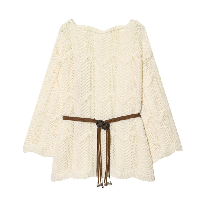 Damen Gestricktes Poncho-Cape mit Ajourmuster und Lederquasten-Gürtel Drune