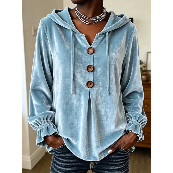 Damen Samt-Hoodie mit Holzknopfblende, Tunnelzug und gerafften Ärmeln Drune