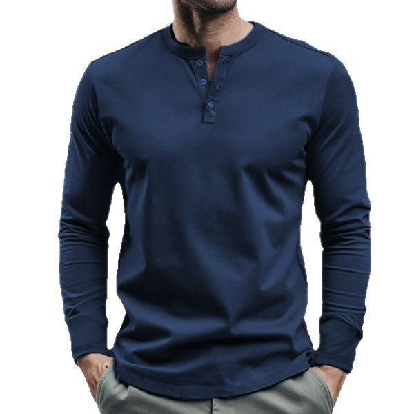 Herren nan langärmeliges Henley-Longsleeve mit Stehkragen, 3-Knopfleiste und elastischem Baumwollstretch Drune