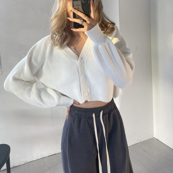 Damen Cropped Rippstrickcardigan Pullover Drune