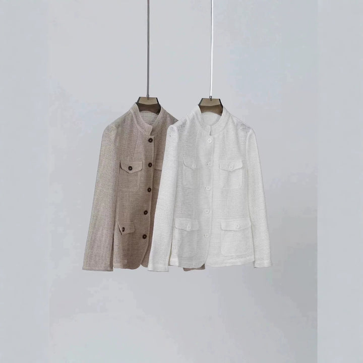 Damen Leichte Häkeloptik-Übergangsjacke mit Rundkragen und Pattentaschen Drune