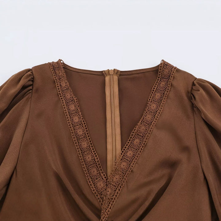 Damen Elegantes Satin-Maxikleid mit V-Ausschnitt und Spitzenbesatz Drune