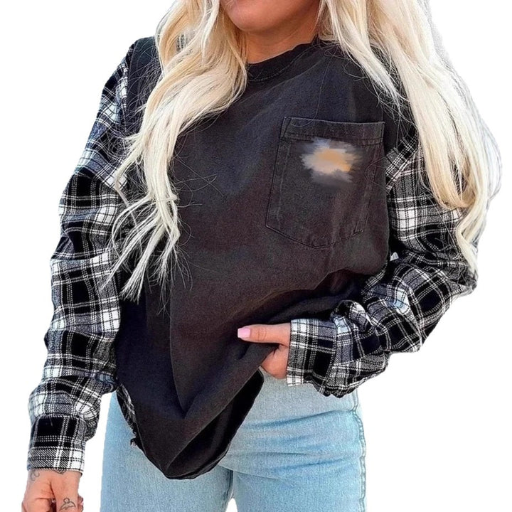 Damen nan Oversize-Sweatshirt im Materialmix mit Karoärmeln und aufgesetzter Brusttasche Drune