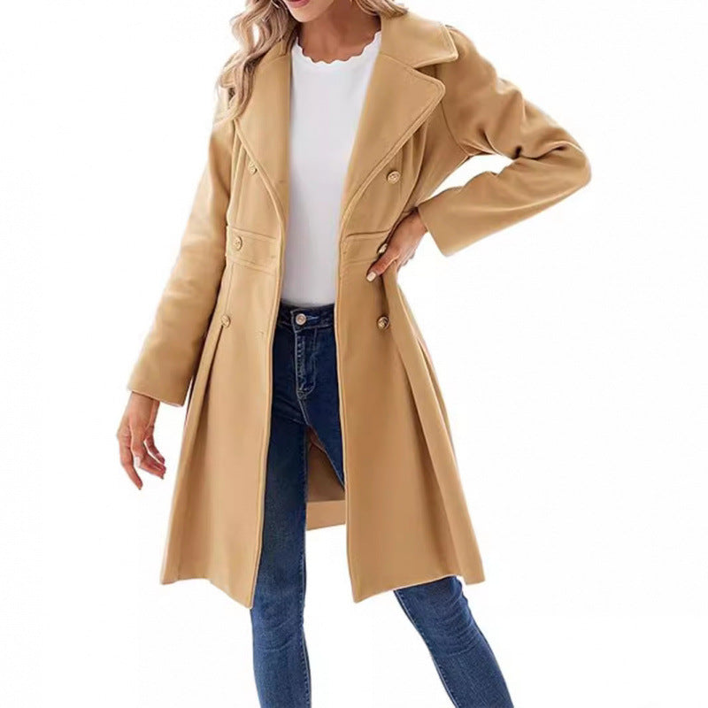 Damen taillierter Trenchcoat mit doppelter Knopfreihe und Falten Drune