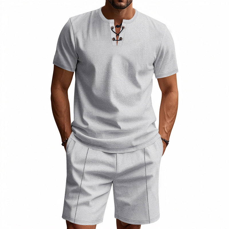 Herren nan kurzärmeliges Schnürkragen-Shirt im Waffeljersey mit Bundfalten-Bermuda Drune