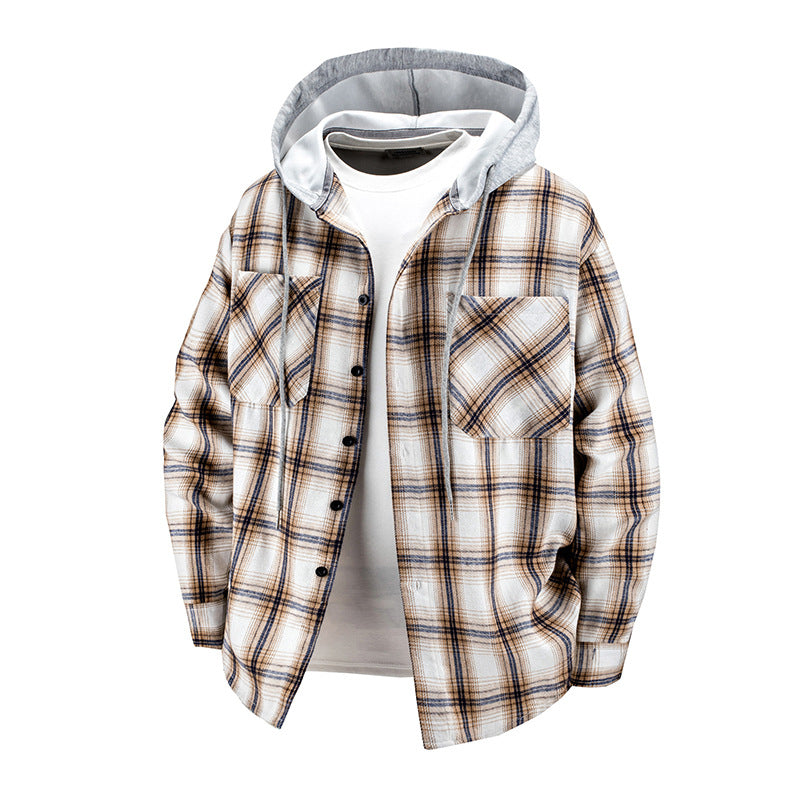 Herren -Layered-Flanell-Overshirt mit angenähter Kapuze und Brusttaschen Drune
