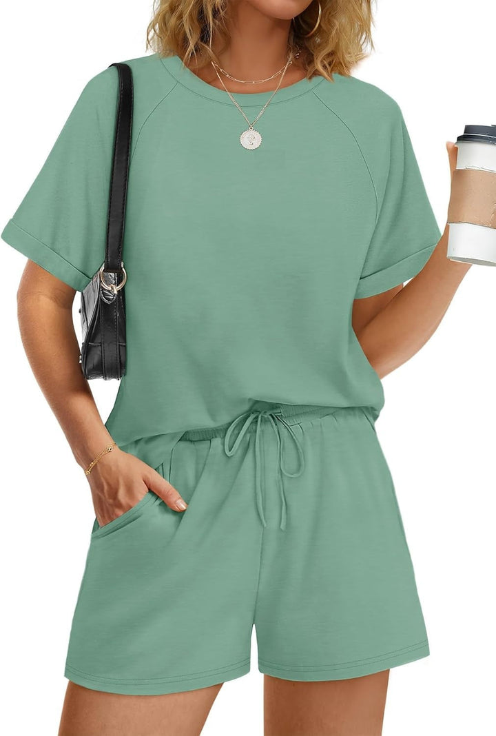 Damen lässiger Kombi aus T-Shirt und Shorts mit elastischem Bund Drune